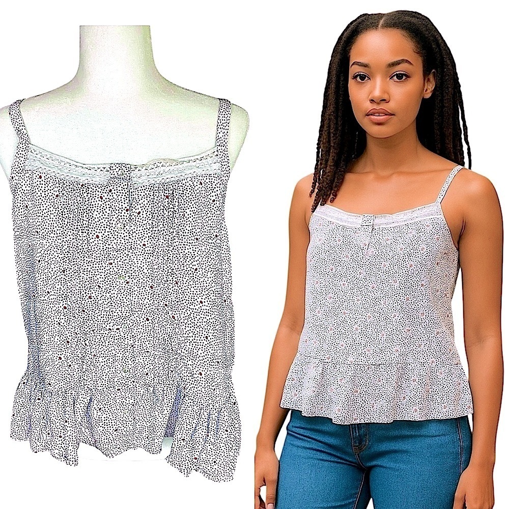 Lucky Brand Blue & Red Polka Dot on White Lace Trim Cotton Tank Top Size Large